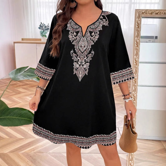 Womens Dress With Three-Quarter Sleeves Printed V-Neck