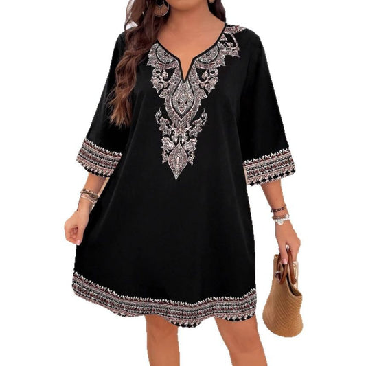 Womens Dress With Three-Quarter Sleeves Printed V-Neck